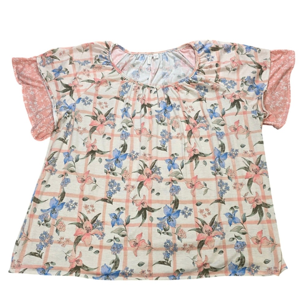 Cato Floral Grid Slub Knit Flutter Sleeve Blouse Women's Size 18/20W  Pink Blue